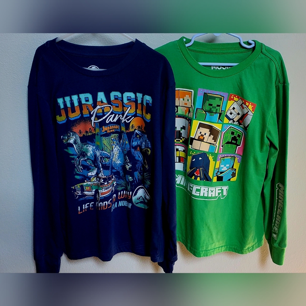 NWOT Minecraft and Jurassic Park Kids Long Sleeve Shirts - Green and Blue